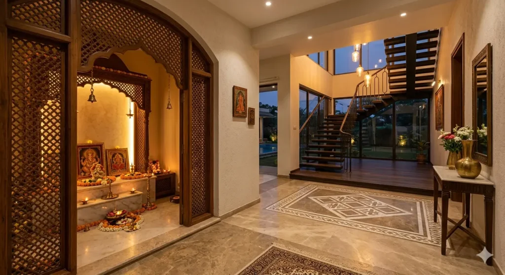 Residential Interior Designers in Pandharkawada 4 A grand bungalow foyer with stone inlays leading to a staircase and a beautifully lit Puja room with jalis