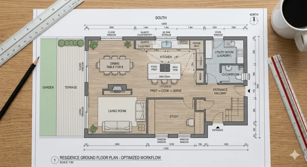 A professional floor plan layout showing optimized kitchen workflow and room orientation