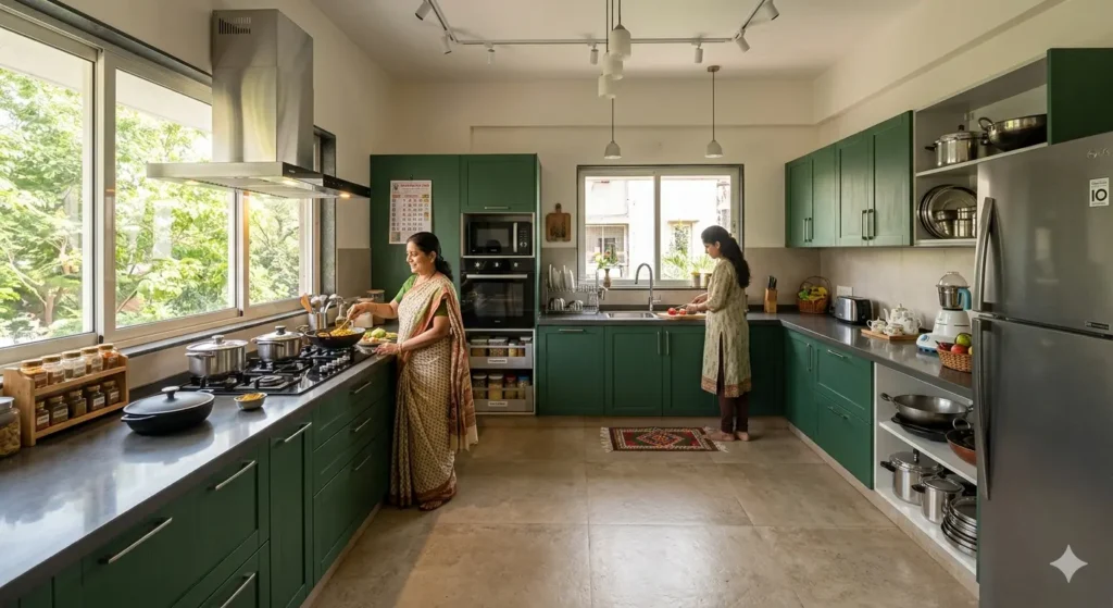 Residential Interior Designers in Pandharkawada 2 A spacious functional multi generational kitchen with green modular cabinets and quartz countertops