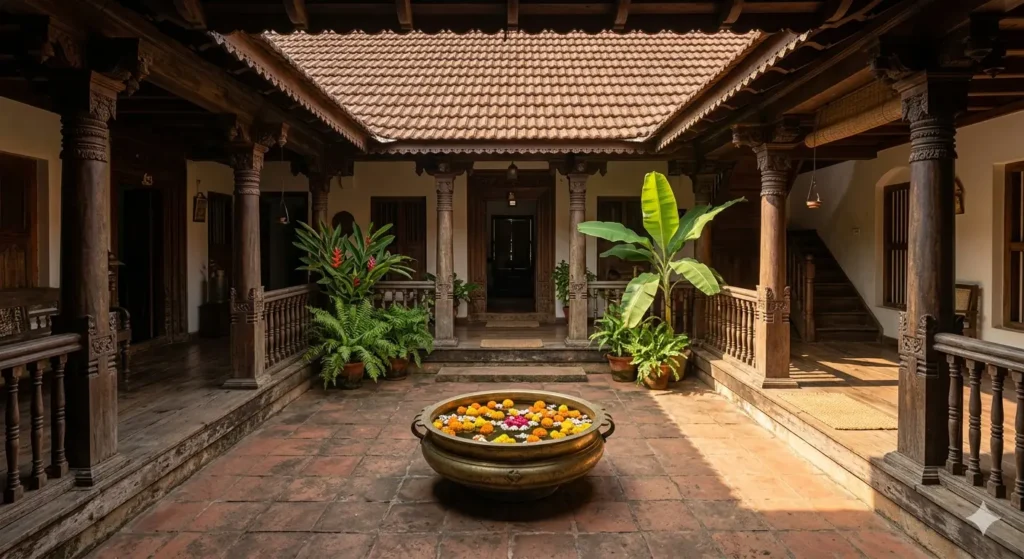 A traditional wooden Kerala courtyard paved with terracotta tiles and carved pillars