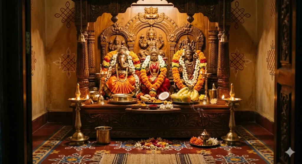 A vibrant Indian prayer room with a carved wooden shrine lit brass lamps and fresh flowers