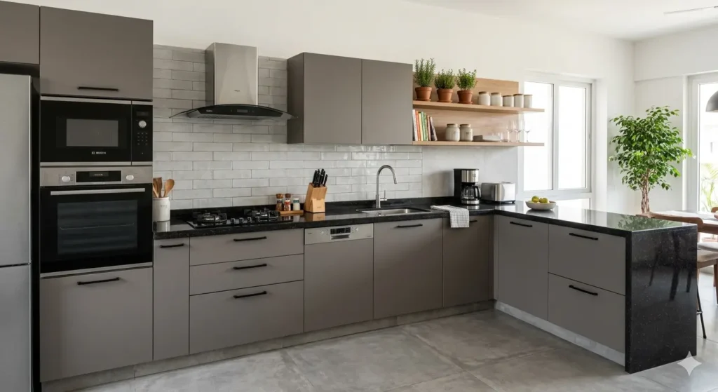 Affordable Home Interiors in Narsala Nagpur 2 Affordable L shaped modular kitchen with matte laminate shutters and black granite countertop