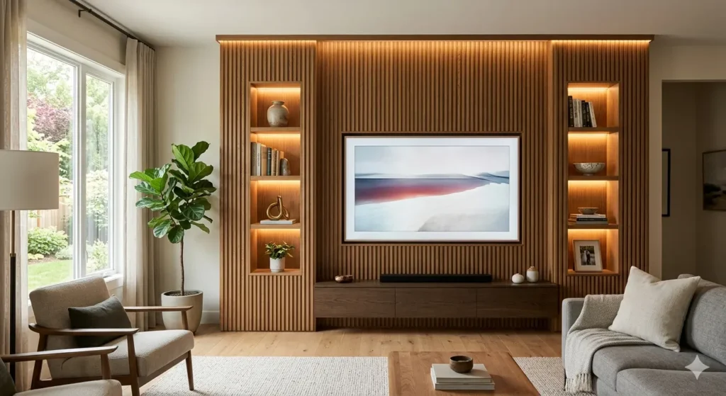 Home Interior Design Pratap Nagar Nagpur 1 Architectural TV wall treatment using fluted wood veneer and recessed lighting niches in a Nagpur home