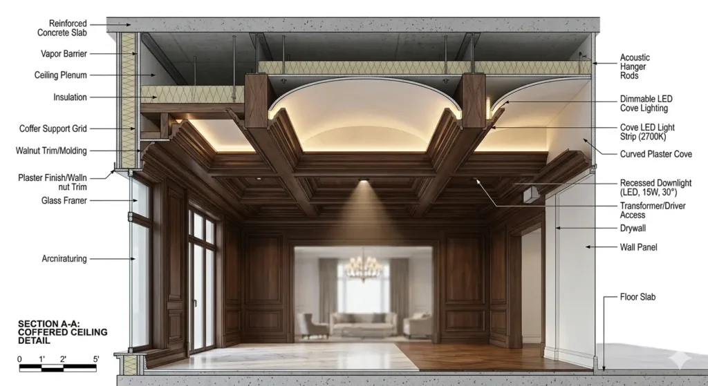 Architectural coffered ceiling design for luxury Wani homes