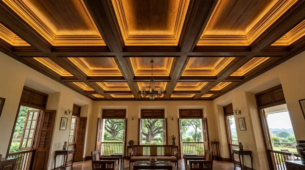 Luxury Interiors in Seminary Hills Nagpur 1 Architectural coffered ceiling with warm LED coves in a heritage Seminary Hills bungalow