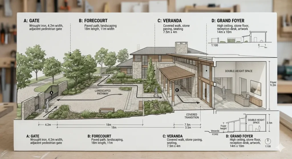 Architectural entry sequence for luxury Umarkhed bungalows