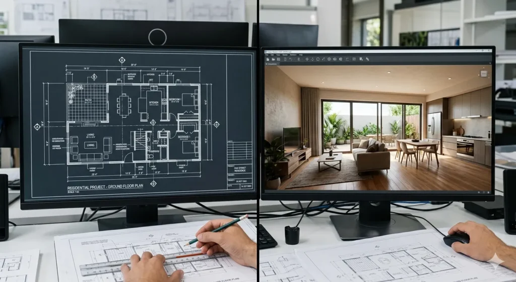 Architectural planning from 2D blueprints to 3D walkthroughs