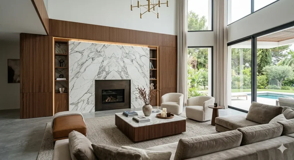 Best Interior Designer in Sonegaon Nagpur 1 Aspirational living room design in a Sonegaon villa featuring book matched stone panels and fluted wood veneer