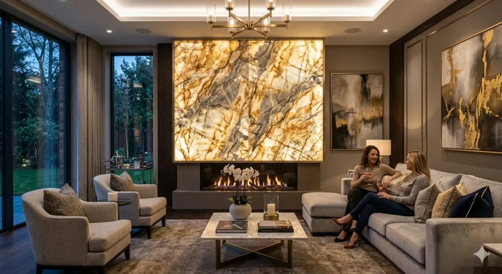 Luxury Home Interiors in Shankarpur Nagpur 3 Backlit natural quartzite stone cladding feature wall in a contemporary luxury drawing room