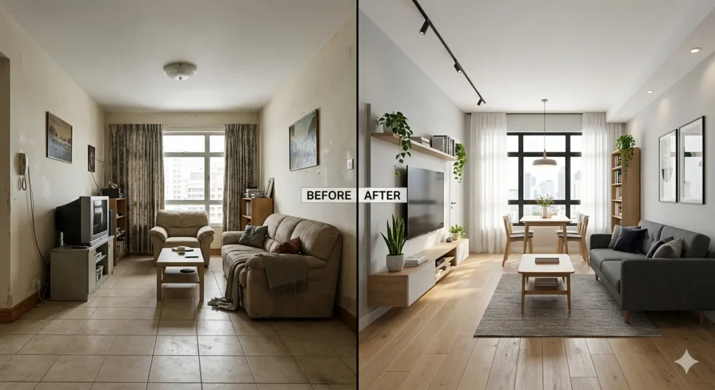 Interior Design for Flats in Beltarodi Nagpur 1 Before and After 3D interior design render for a 10 year old flat renovation