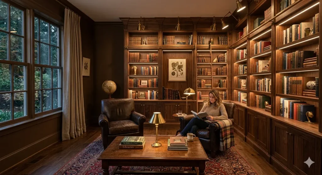 Best Interior Designer Civil Lines Nagpur 3 Bespoke home library in Nagpur with warm wood shelving tobacco brown walls and professional task lighting
