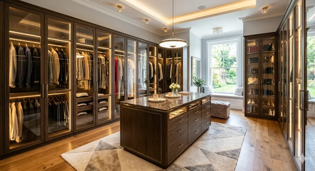 Bespoke walk in dressing room design for luxury bungalows