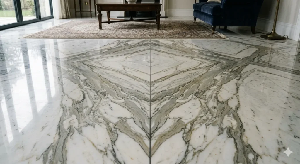Book matched Italian marble flooring for luxury drawing rooms