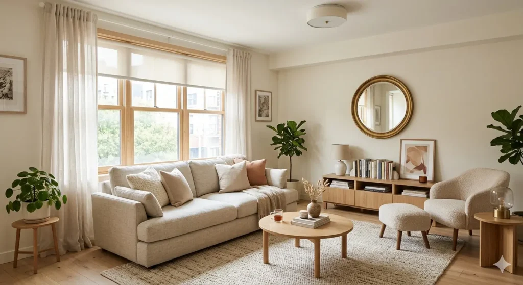 Interior Designer in Tilak Nagar Nagpur 1 Bright living room in a Tilak Nagar apartment using high LRV warm neutrals to counter limited natural light