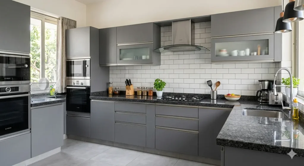 Full Home Renovation in Nagpur Under 10 Lakh 2 Budget friendly modular kitchen with grey laminate shutters and granite countertop in Nagpur