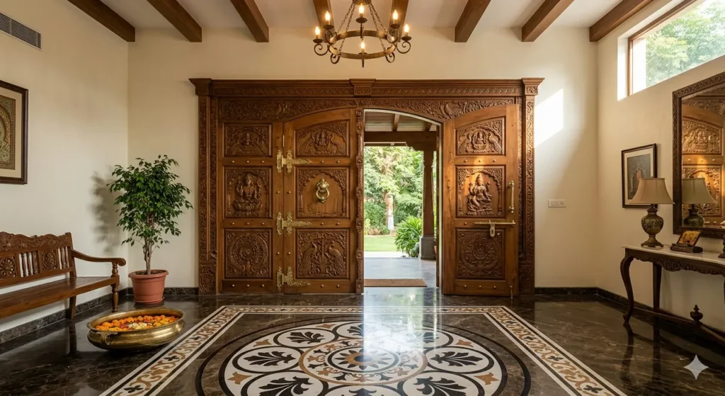 Carved teak wood entrance doors with traditional brass hardware