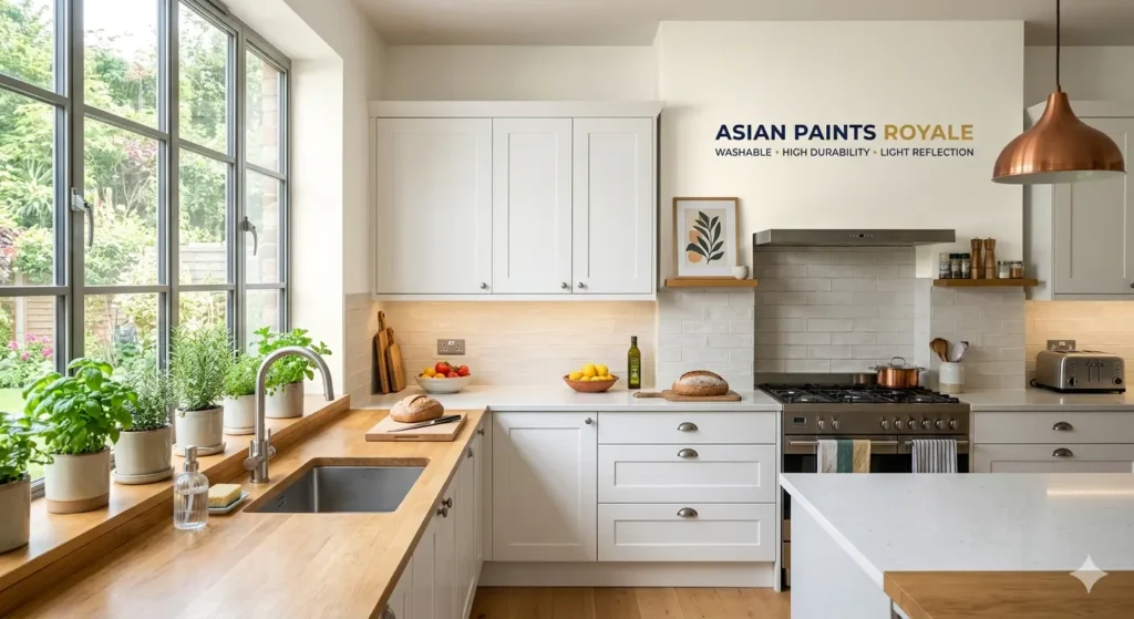 Best Paint Colours for Nagpur Summer Homes 3 Clean washable warm white kitchen walls using Asian Paints Royale for high durability and light reflection