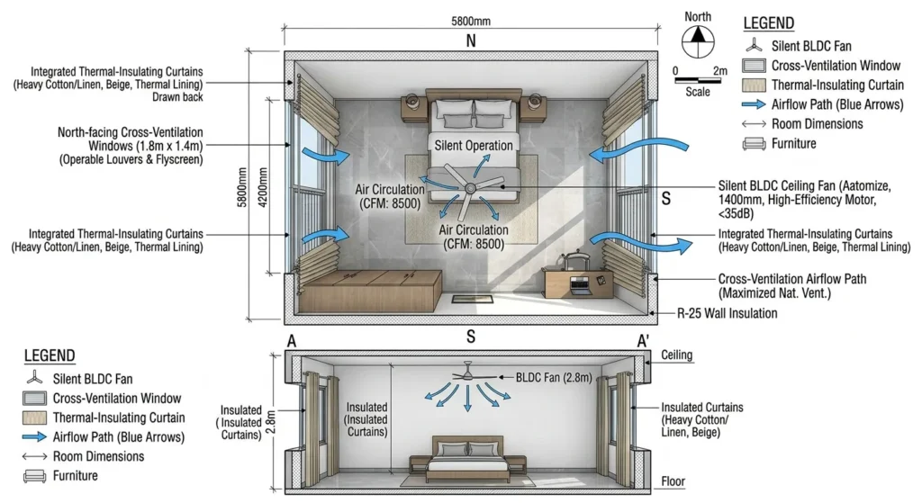 Climate responsive bedroom interior layout for Mahagaon