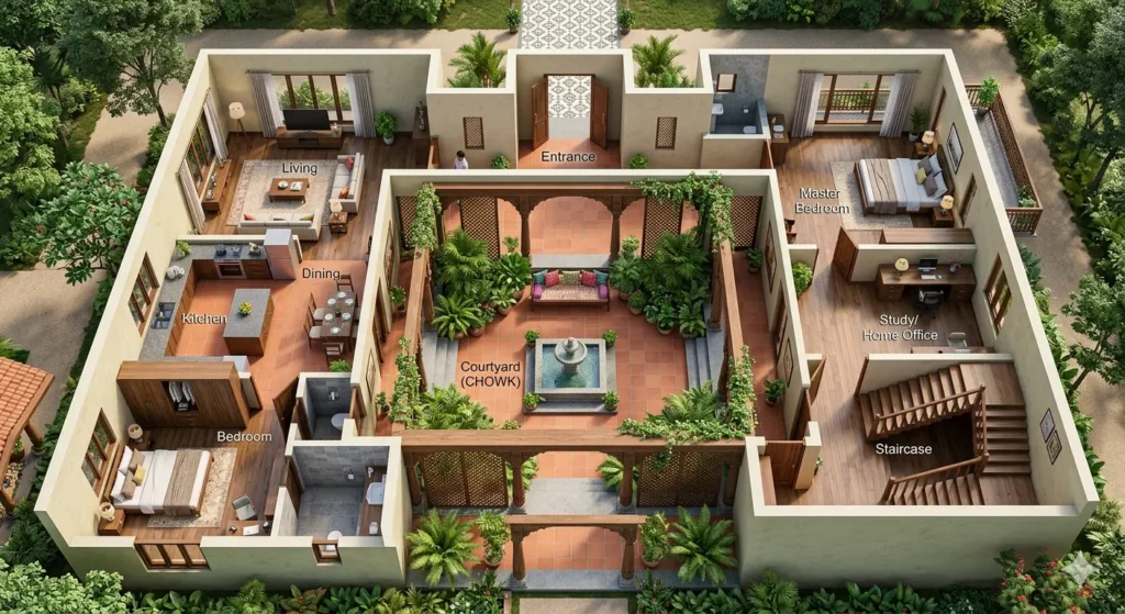 Climate responsive floor plan for Pusad residential architecture