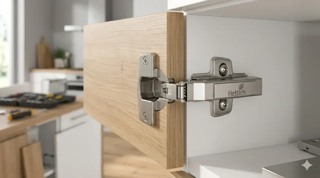 Interior Design Near Hingna Road Nagpur 2 Close up of a high quality soft close Hettich hinge used in a modular kitchen renovation