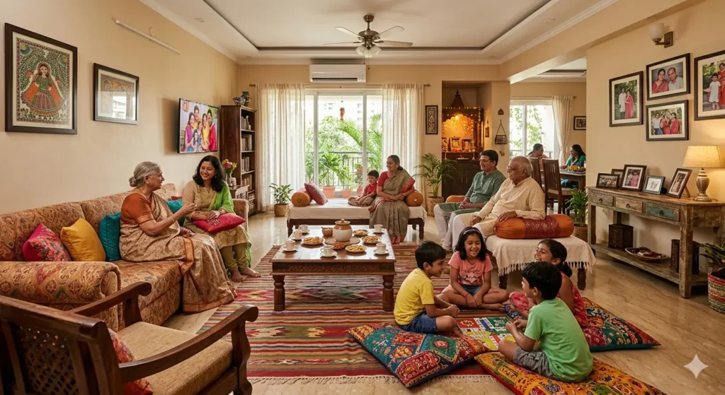 Best Interior Designer in Gokulpeth Nagpur 1 Comfortable living room layout designed for family gatherings and flexible seating in Nagpur