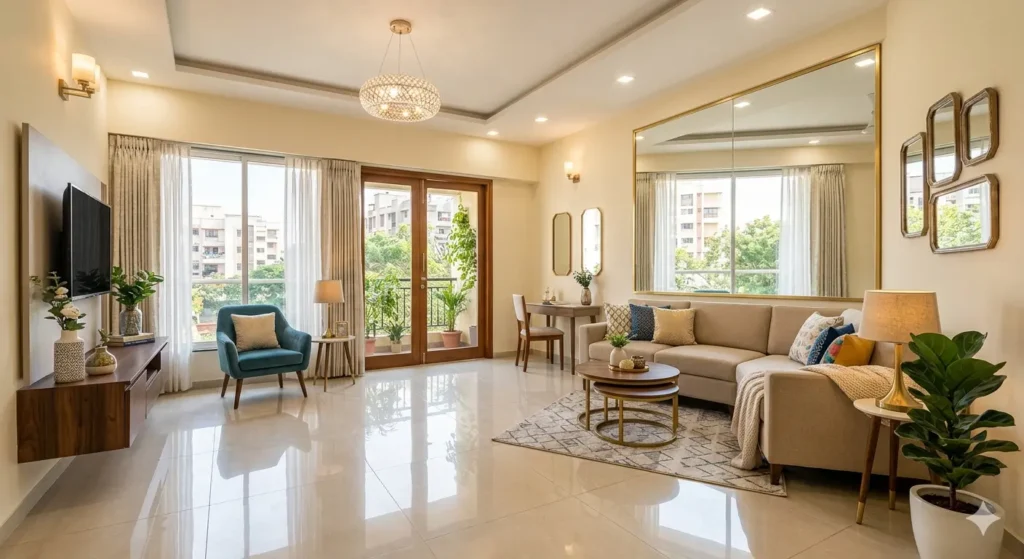 Township Flat Interior Design in Jamtha Nagpur 1 Compact drawing room design with strategic mirrors and light toned vitrified tiles in a Jamtha flat