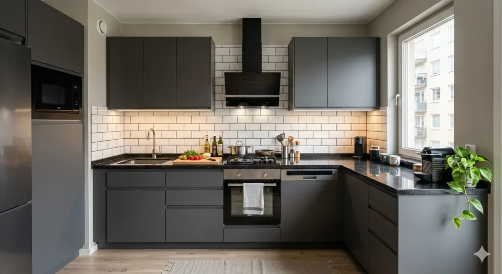Interior Design for Flats in Khapri Nagpur 2 Compact modular kitchen layout with high suction chimney and granite countertop in a Khapri flat
