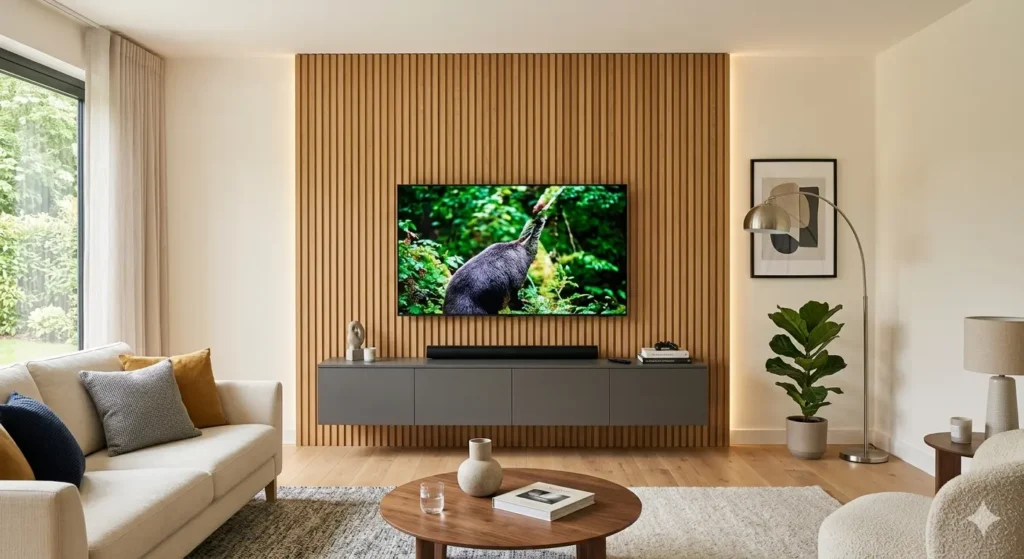 Home Renovation Near Khapri Metro Nagpur 3 Contemporary TV wall unit with fluted wood panels and hidden wire management in a living room