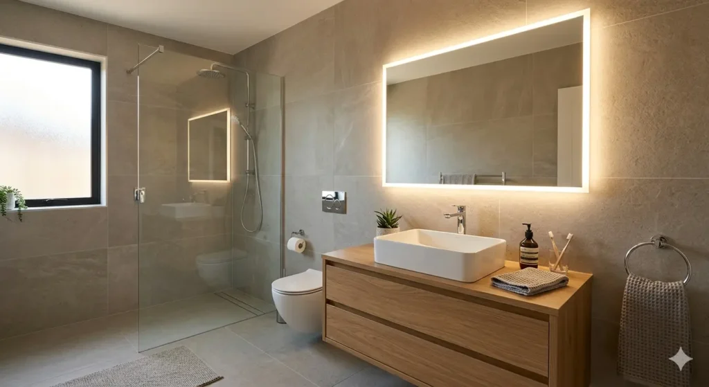 Best Interior Designer in Ghogli Nagpur 4 Contemporary bathroom renovation in Ghogli featuring 600x1200mm neutral tiles and a backlit grooming mirror