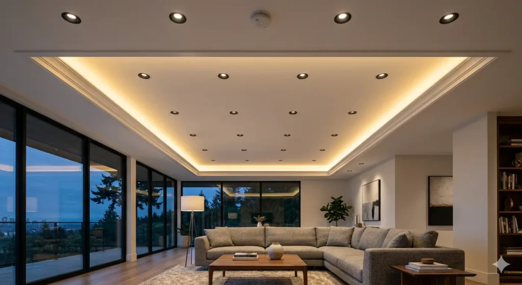 Modern Flat Interiors in Manewada Nagpur 2 Contemporary living room ceiling with warm white cove lighting 3000K and recessed downlights