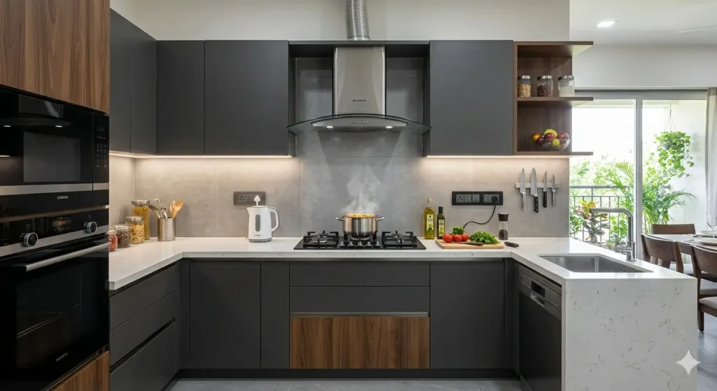 Interiors for Flats in Narendra Nagar Nagpur 2 Contemporary modular kitchen with customized electrical point placement and high suction chimney