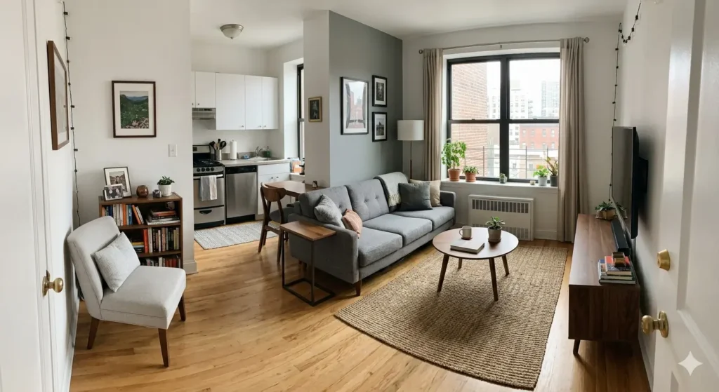 Interior Designer in Trimurti Nagar Nagpur 2 Correctly scaled living room furniture layout for a 350 sq. ft. apartment space in Trimurti Nagar