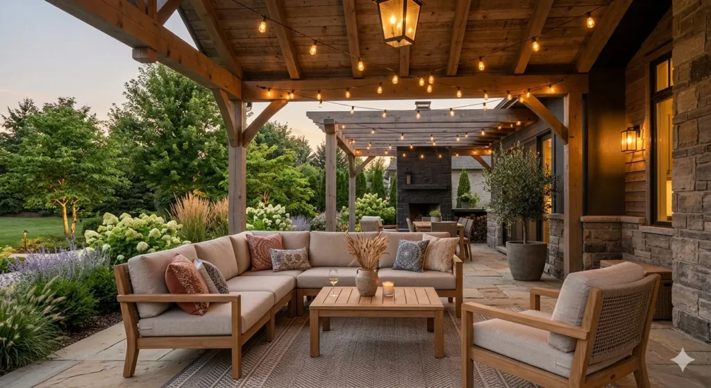 Best Interior Designer in Sonegaon Nagpur 3 Covered outdoor sit out design with weather resistant furniture and exterior rated warm lighting in Sonegaon