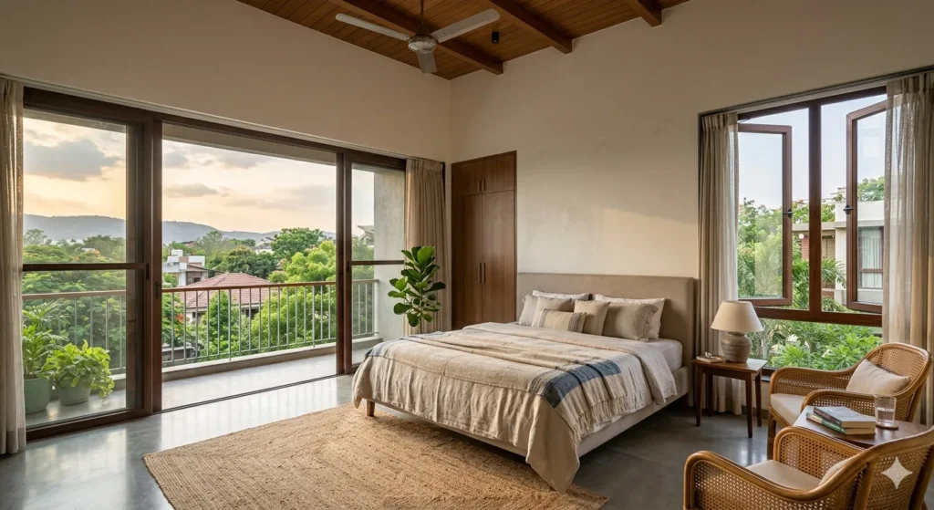 Cross ventilation and high ceiling design for upper floor comfort