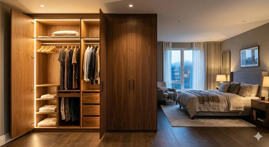 Best Interior Designer in Pipla Nagpur 3 Custom full height wardrobe in a master bedroom with internal lighting and warm wood veneer shutters