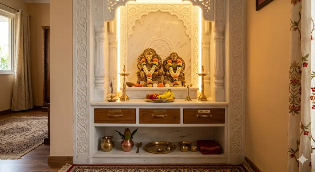 Interior Designer in Tilak Nagar Nagpur 3 Custom marble pooja alcove with warm concealed LED lighting and integrated storage for ritual items