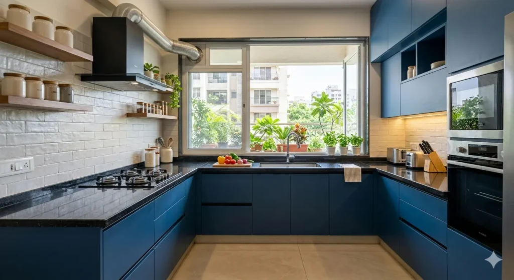 Interior Design for New Flats Near MIHAN 2 Custom modular kitchen design with matte finish shutters and a granite countertop optimized for ventilation in a MIHAN area apartment