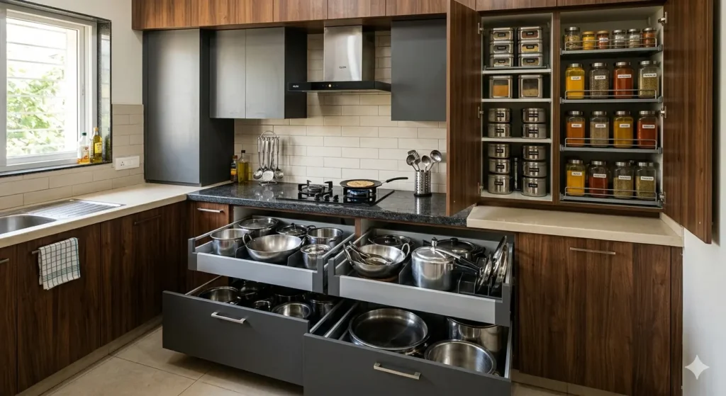 Interior Designer in Trimurti Nagar Nagpur 3 Custom modular kitchen in Nagpur showing optimized storage for large Indian vessels and spice collections