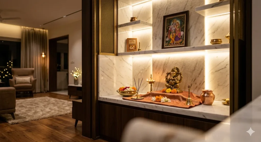 Custom puja room design for residential interiors in Yavatmal