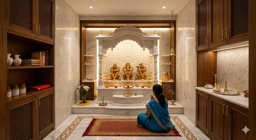 Best Interior Designer in Sonegaon Nagpur 4 Dedicated marble pooja room design with soft ambient lighting and custom storage for a Nagpur home