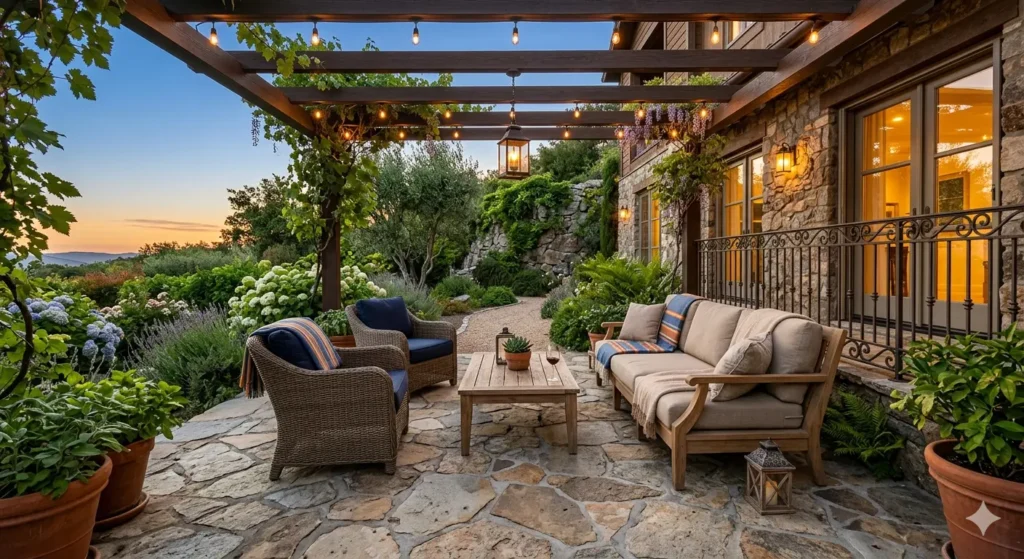 Best Interior Designer in Butibori Nagpur 4 Designed outdoor sit out in Butibori with natural stone flooring weather resistant furniture and warm lighting