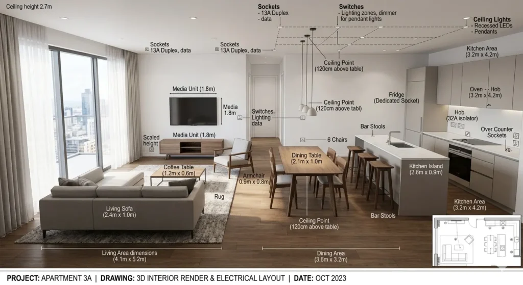 Interior Design for Flats in Khapri Nagpur 3 Detailed 3D interior render showing furniture scaling and electrical planning for a Nagpur apartment