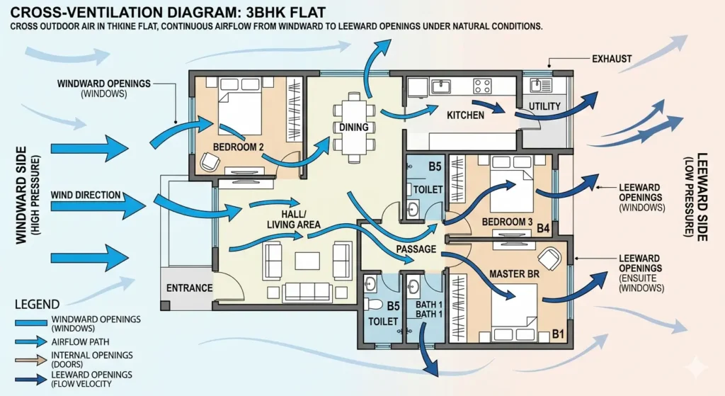Cross Ventilation Interior Tips for Nagpur 1 Diagram of cross ventilation in a 3BHK flat showing airflow from windward to leeward openings