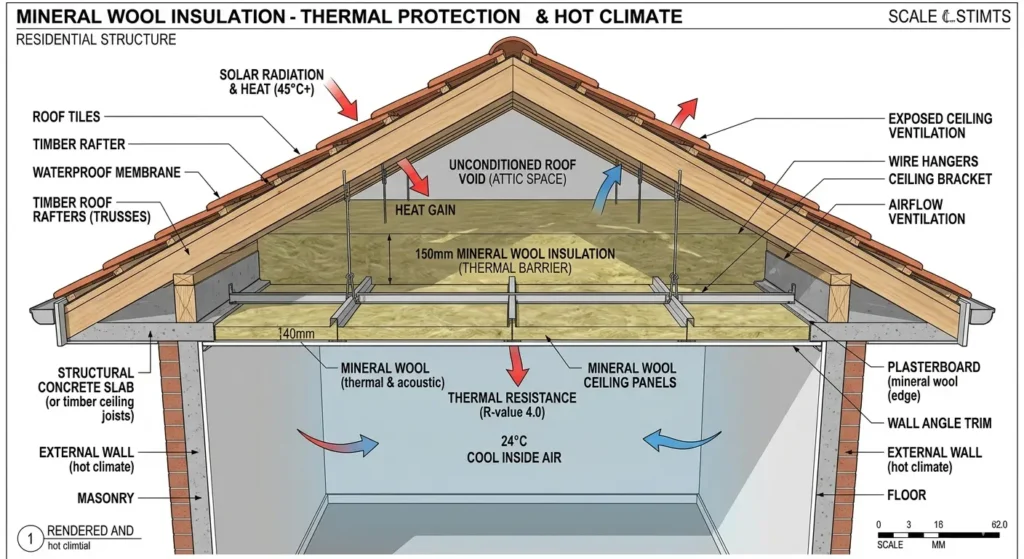 False Ceiling Ideas for Hot Climate in Nagpur 2 Diagram showing a false ceiling with mineral wool insulation for thermal protection in a hot climate