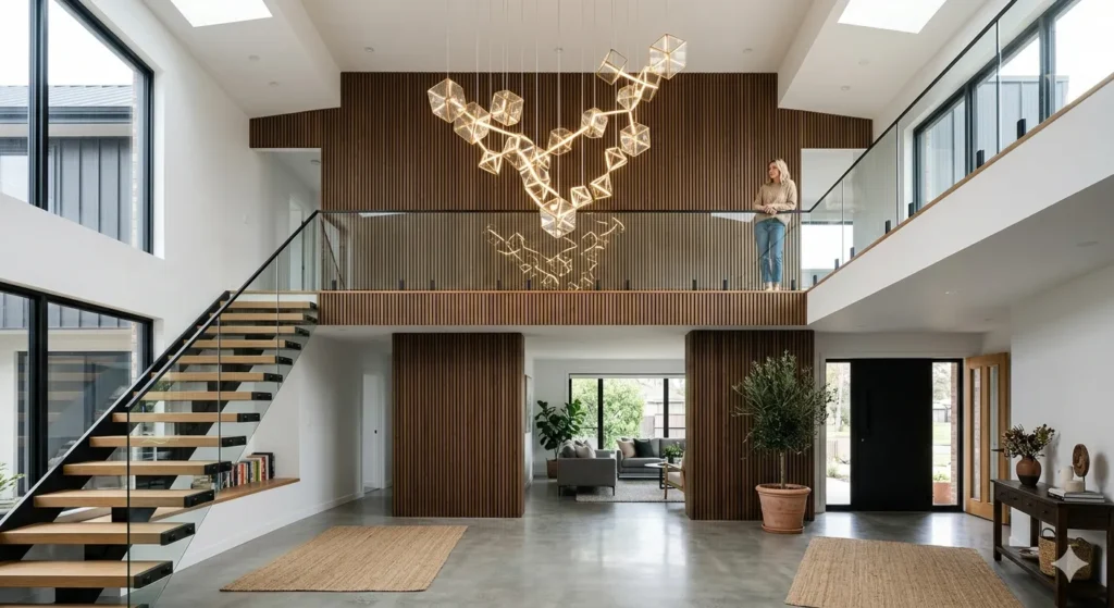 Double height entry void and feature wall design in an Arni duplex