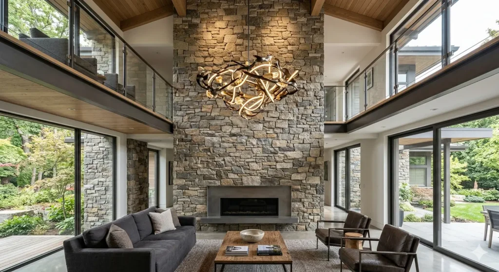 Interior Design for Duplex Houses in Nagpur 2 Double height feature wall with natural stone cladding and a sculptural pendant light