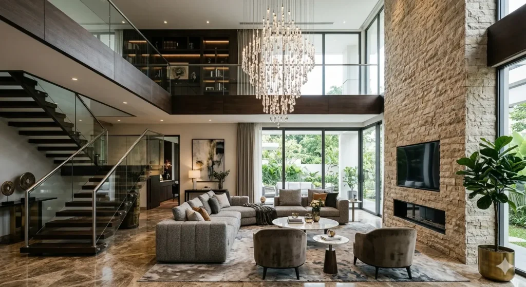 Double height living room design for Pusad duplex homes