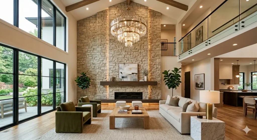 Double height living room design with architectural feature wall