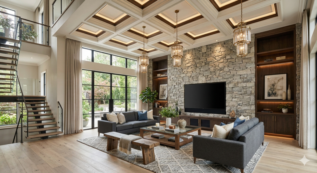 Villa Interior Design in Shankarpur Nagpur 2 Double height living room featuring a coffered gypsum ceiling and stone clad feature TV wall