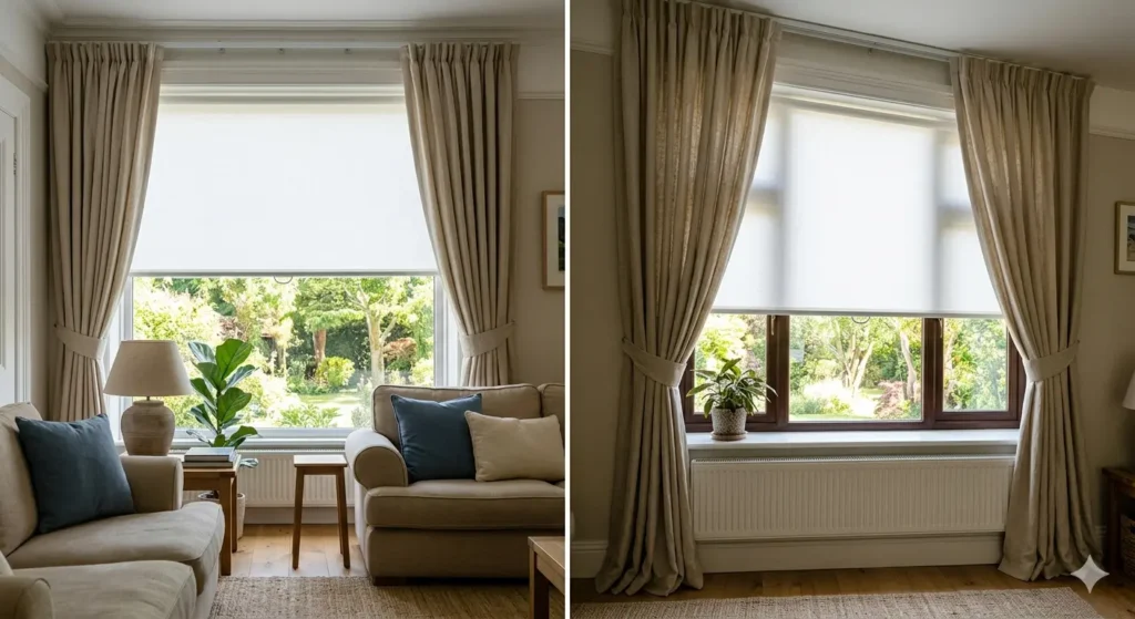 Best Interior Design for Nagpur's Extreme Heat 1 Dual layer window treatment with white solar reflective roller blinds and linen curtains for heat management